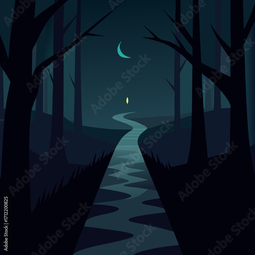Mysterious path through an eerie, foggy forest a dark and enigmatic vector landscape background.