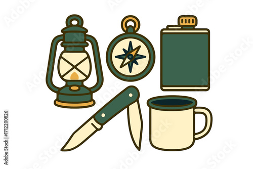 Essential outdoor adventure camping gear collection featuring a classic lantern, navigational compass, hip flask, folding knife, and an enamel mug