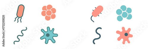 Colorful set of diverse microscopic organisms, bacteria, and cell shapes for biology, science, and health concepts