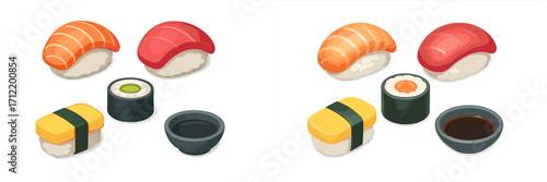 Variety of popular Japanese sushi nigiri and maki rolls featuring salmon tuna tamago and cucumber with soy sauce