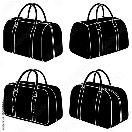 Four black duffel bags arranged in a square pattern with white outlines and handles in the image view