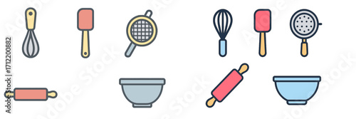 Assortment of essential kitchen and baking tools including whisks, spatulas, rolling pins, sieves, and mixing bowls