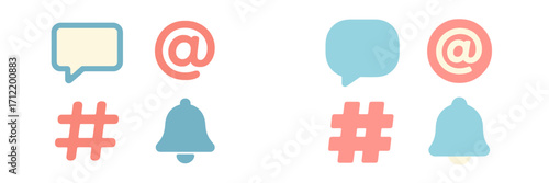 Social media communication icons with chat message, mention, hashtag, and notification bell symbols in modern flat style