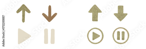 Textured up and down arrows and play pause buttons for modern user interface and navigation design elements and media controls
