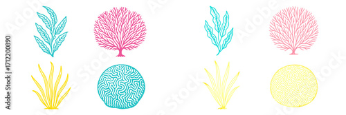 Stylized marine plant and coral reef elements in bright colors for aquatic themes and ocean environment designs