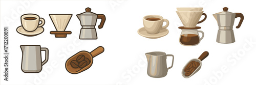 Essential coffee brewing equipment, cups, drippers, Moka pots, milk pitchers, and bean scoops for cafes and homes
