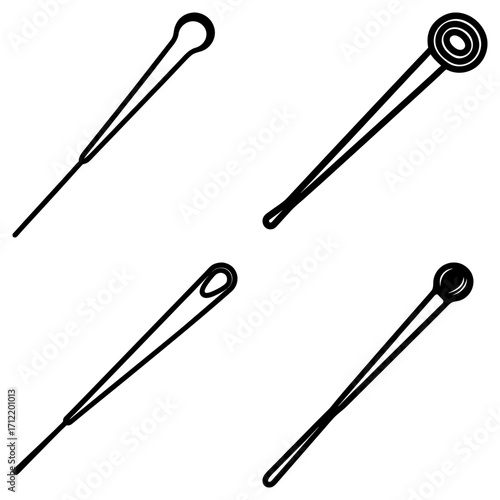 Illustration showcasing four distinct needle designs with varying eye shapes and shaft orientations present