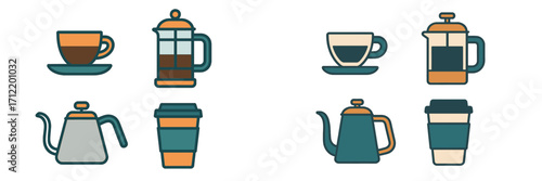 Collection of coffee brewing equipment, French presses, kettles, and various cups in modern flat design