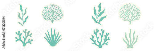 Stylized aquatic plants, seaweed, and coral reef shapes in teal and light green colors, a diverse marine flora collection