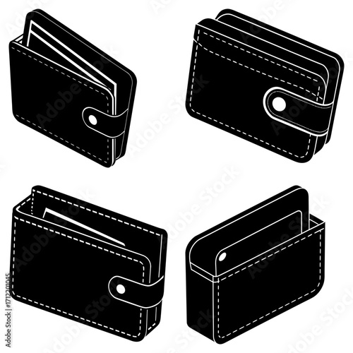 Illustration of four black leather wallets with visible stitching and button closures in various angles