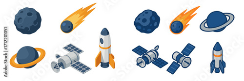 Collection of various isometric space objects including rockets, communication satellites, ringed planets, asteroids, and fiery meteors in a cosmic setting