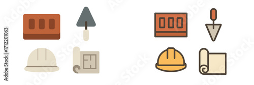 Construction tools and building materials icons set featuring hard hats, bricks, trowels, and blueprints