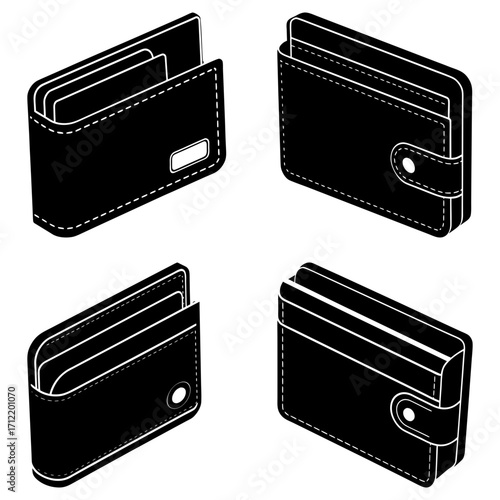 Isometric illustration showing four different black wallets with card slots and button closures style design