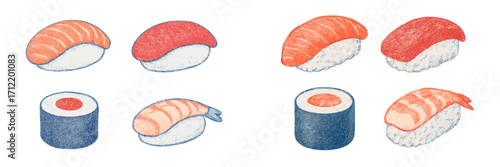 Assortment of fresh Japanese sushi and maki rolls with salmon, tuna, and shrimp nigiri on a white background