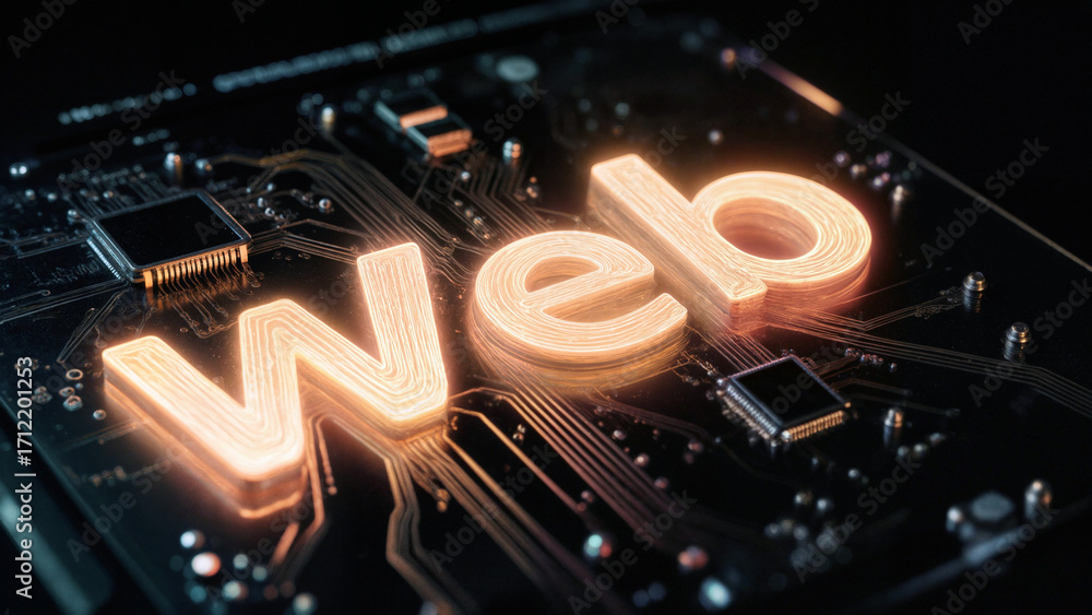 Fototapeta premium Glowing neon web typography on futuristic circuit board digital background technology design