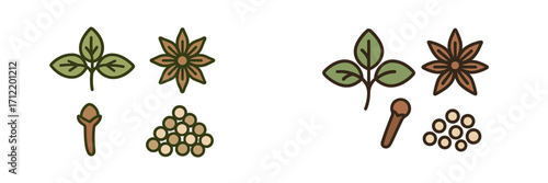 Assortment of aromatic culinary ingredients, fresh green leaves, star anise, cloves, and peppercorns for cooking
