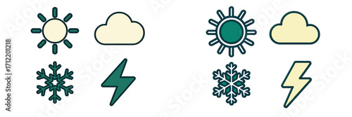 Stylized graphic icons representing various weather conditions such as sunny cloudy snowy and stormy