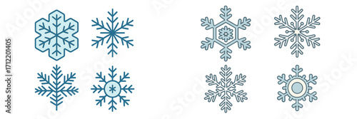 Assortment of unique blue and white snowflake icons for winter season, Christmas, and holiday decoration designs, cold weather, ice