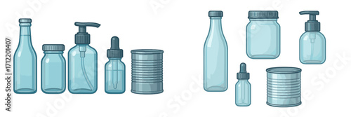 Diverse collection of empty glass and metal containers including bottles, jars, and tin cans for various packaging, storage, and cosmetic product needs