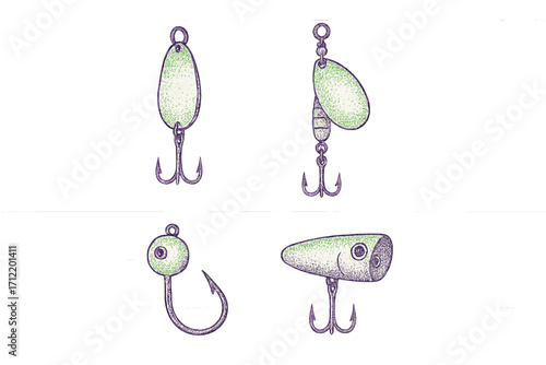 Collection of fishing lures and tackle for recreational angling and sport fishing equipment and gear for outdoor activity