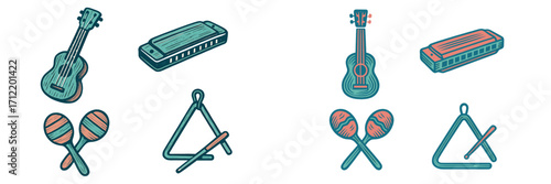 Stylized musical instrument set with ukuleles, harmonicas, maracas, and triangles for music themes