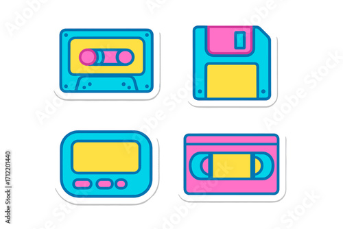 Colorful retro electronic devices collection featuring audio cassette, floppy disk, pager, and VHS tape