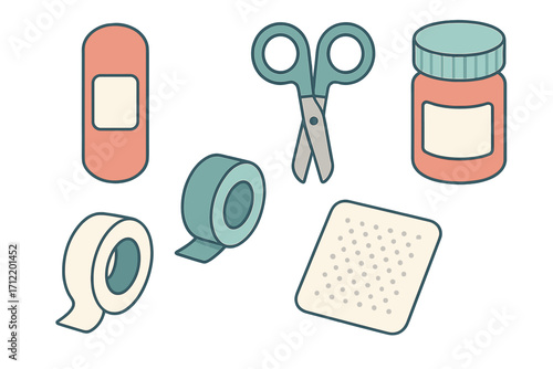 Essential first aid supplies including adhesive bandages, medical tape, scissors, and a medicine bottle for healthcare