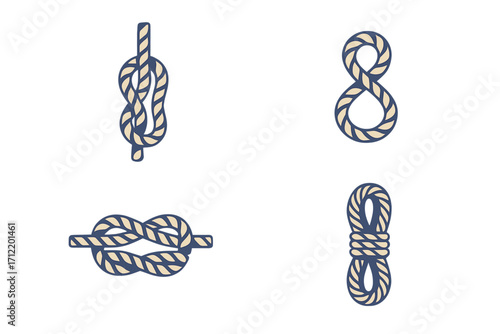Diverse collection of various rope knots and coiled rope elements in a clean graphic style for nautical and outdoor design projects