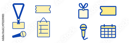 Event and conference essential items icon set including badges, tickets, microphones, and calendar symbols