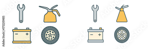 Automotive service tools and car parts including wrench, oil can, battery, and wheel for vehicle maintenance