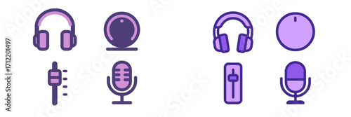 Set of modern audio equipment icons featuring headphones, microphones, and sound adjustment controls in a flat style