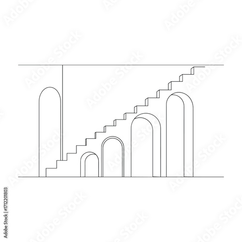 Minimalist architectural line drawing of arched doorways and ascending staircase line art