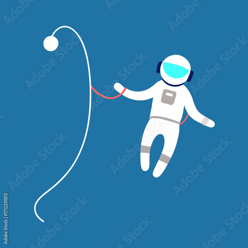 Astronaut floating in space tethered to a white orb