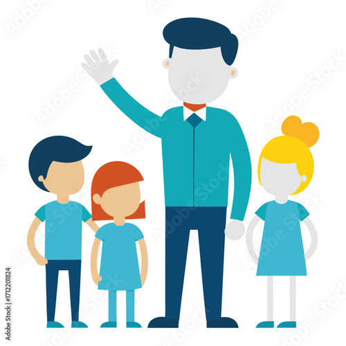 Friendly teacher or parent waving hello to three diverse children