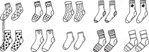 Hand Drawn Socks Doodle Illustration – Clothing, Apparel, Fashion, Footwear, Warm, Cozy, Cartoon, Sketch, Vector, Icon, Child, Hand-drawn, Black, White, Simple, Cute, Minimal, Doodle

