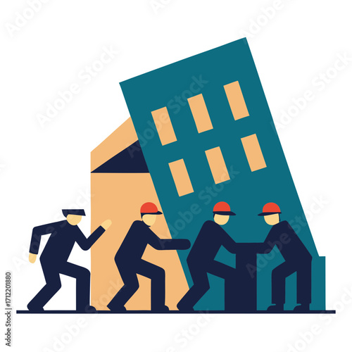 Workers carefully move a tilted building section with teamwork and support