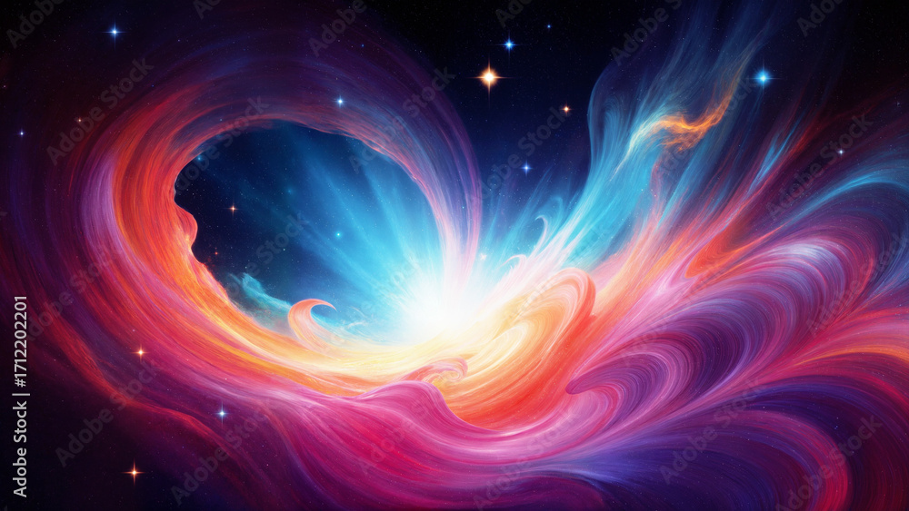 Fototapeta premium Abstract cosmic explosion of colorful swirling nebula energy in outer space forming heart shape