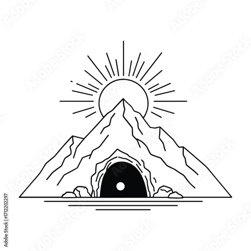 Black and white line art illustration of a mountain cave entrance with sun rays sunrise