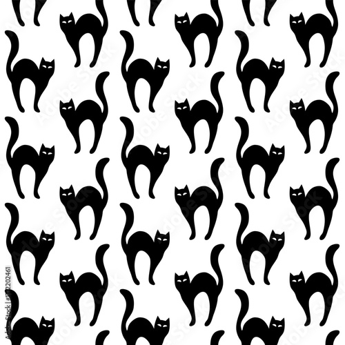 Black cats silhouettes. Seamless pattern on transparent background, vector flat illustration.