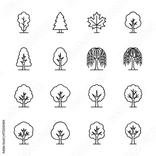 Collection of sixteen black outline tree icons on white background black and white nature