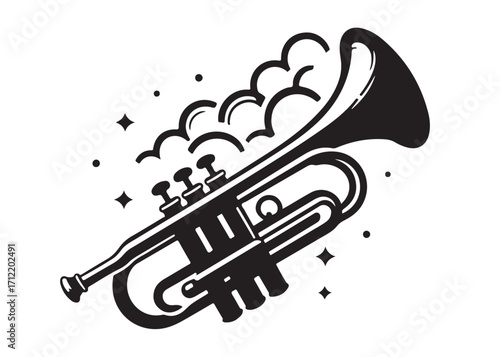 trumpet logo silhouette vector, trumpet vector silhouette illustration, jazz trumpet logo vector silhouette, trumpet silhouette vector, musical instrument logo silhouettes vector on white background. 