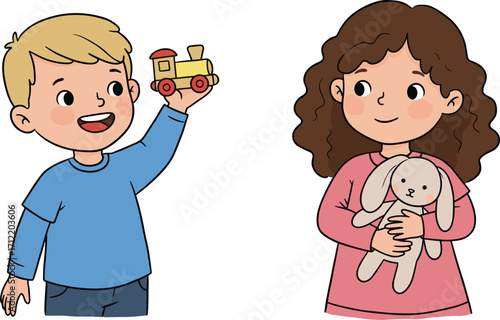 Cartoon kids with toys, boy holding toy train, girl with stuffed bunny, cheerful playtime moment, flat vector illustration, cad drawing kids with toys, boy holding toy train, girl with st