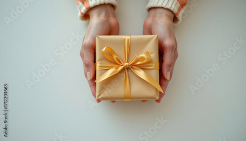 Gold wrapped gift box with satin ribbon held in hands expressing gratitude and celebration