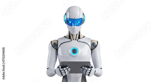 Bild auf Leinwand Isolated robot looking at tablet computer, artificial intelligence and machine l