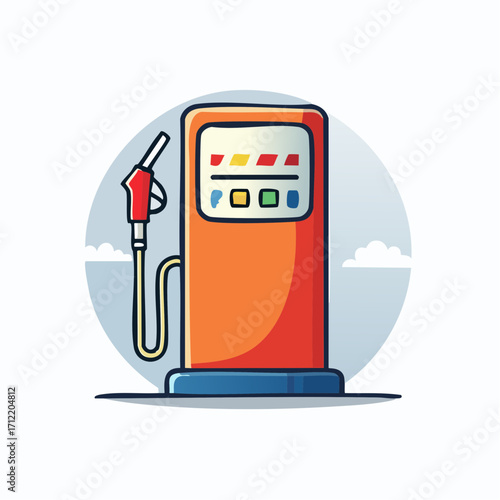 Colorful cartoon gas pump illustration in a flat vector style. Minimalist icon representing fuel, energy, and transportation, isolated with a bold outline