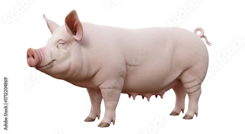 Photos Isolated pig, side view of pink domestic livestock animal, farm production, agri
