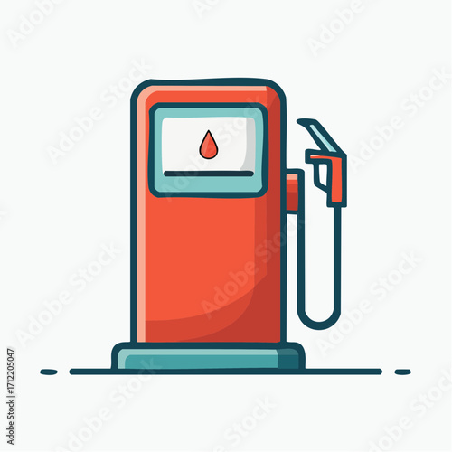 Flat vector icon of a red gas pump with a bold outline, isolated on a white background. Minimalist fuel station illustration