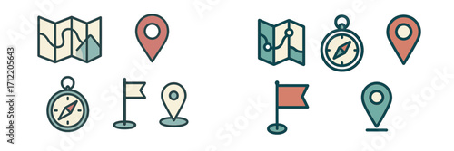 Essential navigation and location icons set featuring folded maps, directional compasses, and diverse map marker pins