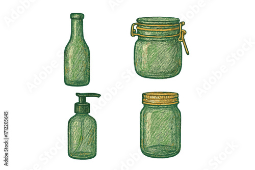 Empty green glass containers: bottle, clasp jar, pump dispenser, and mason jar, with a textured hand-drawn style