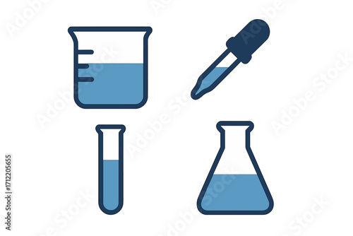 Essential laboratory glassware set including beaker, test tube, flask, and dropper for scientific research and experiments